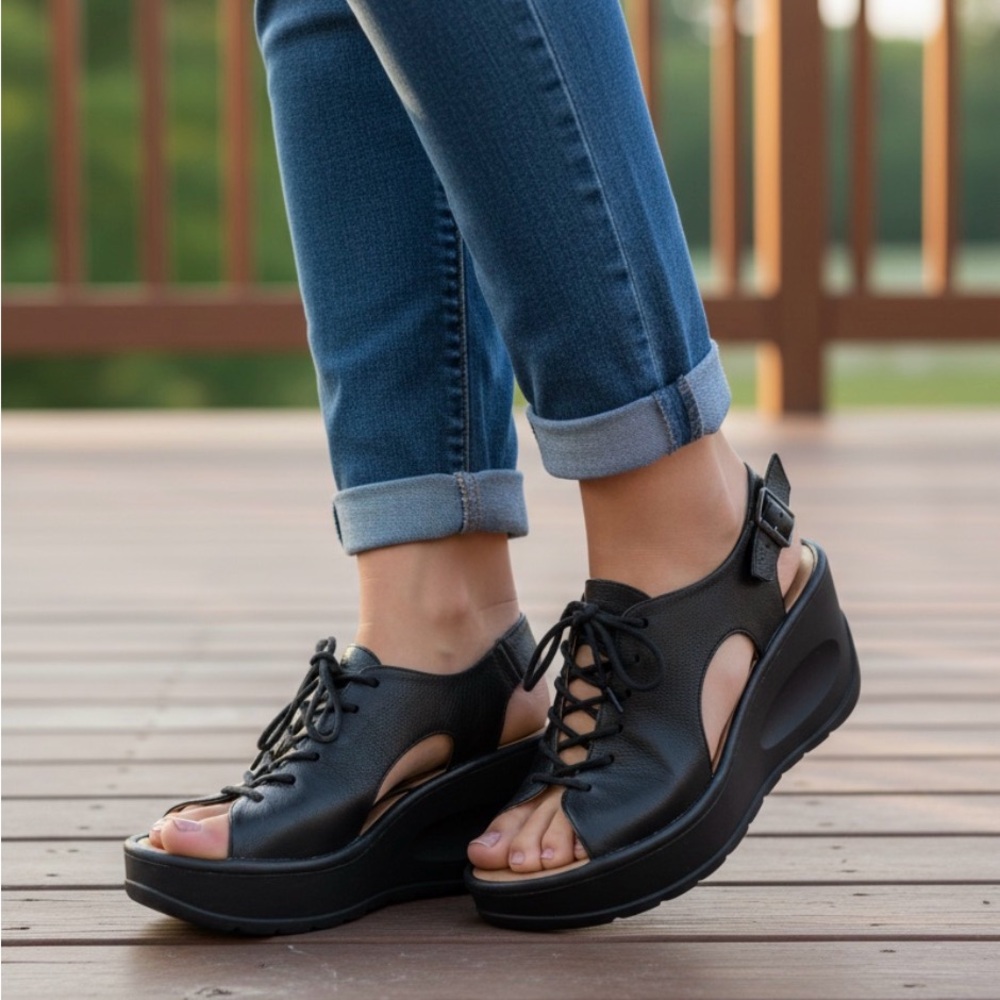 Fly London Women's Jart862Fly black leather platform wedge sandals